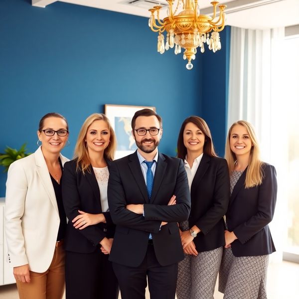 Skupinový portrét pěti finančních poradců v moderní kanceláři