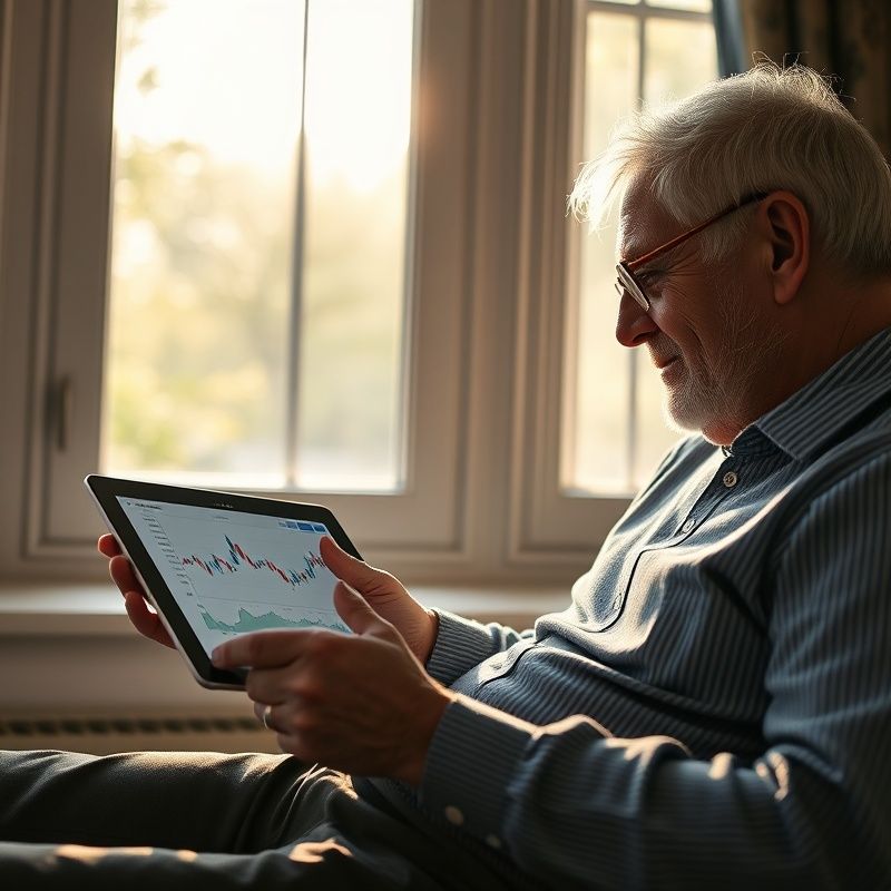 Senior u okna čte finanční graf na tabletu